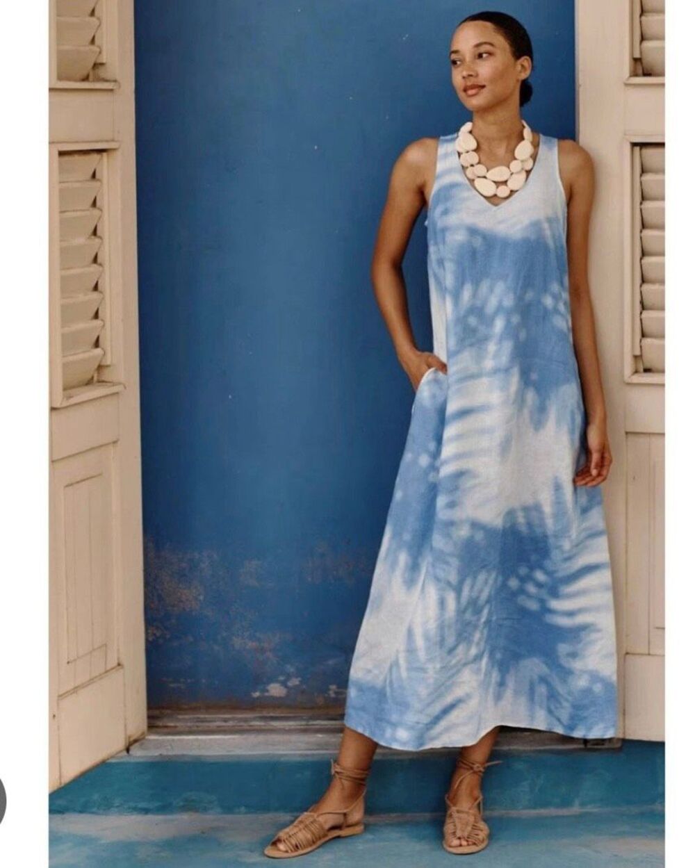 J Jill Love Linen tie dye a-line maxi dress blue white size medium